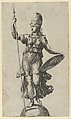 Pallas Athena standing on a globe, a spear in her left hand, a shield in her right, Marcantonio Raimondi Italian, Engraving