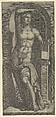 Apollo partly naked standing in a niche, left hand resting on an open box, Marcantonio Raimondi  Italian, Engraving