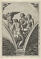 The Three Graces sitting on clouds, cupid at the left, after Raphael's fresco in the Chigi Gallery of the Villa Farnesina in Rome, Marcantonio Raimondi  Italian, Engraving