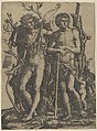 Apollo standing at the left, his hand resting on the shoulder of Hyacinthus, Cupid in the lower right, Marcantonio Raimondi  Italian, Engraving