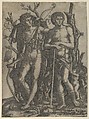 Apollo standing at the left, his hand resting on the shoulder of Hyacinthus, Cupid in the lower right, Marcantonio Raimondi  Italian, Engraving