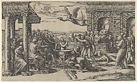 The Martydom of Saint Cecilia standing naked in a large cauldron, at left under a colonnade, sits a Roman Prefect, at right the statue of Jupiter in a niche, Marcantonio Raimondi  Italian, Engraving