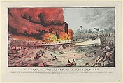Burning of the Henry Clay Near Yonkers–While on Her Trip From Albany to New York on Wednesday Afternoon July 28th, 1852.–The rapid spread of the flames forced the passengers into the water. Mothers and children, husbands and wives, brothers and sisters were drowned together, whilst trying to save each other. Little children buffetted the waves in vain for a few moments, and then sunk to rise no more. Persons on board about 500 of which number nearly 100 are supposed to have perished., Nathaniel Currier  American, Hand-colored lithograph