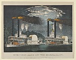 Midnight Race on the Mississippi, Currier & Ives  American, Hand-colored lithograph