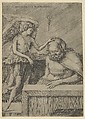The Guardian Angel: an angel at left placing his hand on the head of a sleeping seated man, Jacopo de' Barbari Italian, Engraving