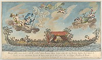 The highly ornamented third gondola of Francesco Antonio Berka entering Venice, Gods on clouds in the upper section, Johann Georg Wolfgang German, Hand coloured engraving and etching