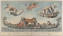 The highly ornamented second gondola of Francesco Antonio Berka entering Venice, Gods on clouds in the upper section, Johann Georg Wolfgang German, Hand coloured engraving and etching