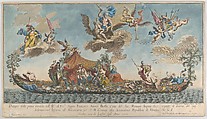 The highly ornamented first gondola of Francesco Antonio Berka entering Venice, Gods on clouds in the sky, Johann Georg Wolfgang German, Hand coloured engraving and etching