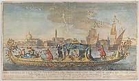 The highly ornamented first gondola of Ambassador Giovanni Battista Colloreado entering Venice, Giovanni Antonio Faldoni Italian, Hand colored engraving, mounted on board