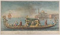 The highly ornamented second gondola of Ambassador Giovanni Battista Colloreado entering Venice, Giovanni Antonio Faldoni Italian, Hand colored engraving and etching, mounted on board