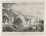 Entry to the Village of Bains, Eugène Isabey  French, Lithograph in black on light gray chine collé laid down on ivory wove paper;second state of two