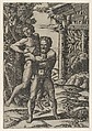 Hercules holding Antaeus by the waist and lifting him off his feet, Marcantonio Raimondi Italian, Engraving