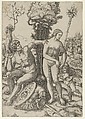 Mars seated at the left, his left hand on Venus's shoulder, cupid beside her at the right, Marcantonio Raimondi  Italian, Engraving