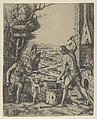 Venus at left holding a golden apple in her right hand and an arrow in her left, Vulcan at his forge beating a piece of iron on an anvil, Marcantonio Raimondi  Italian, Engraving and made up section in pen and ink upper left