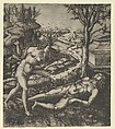 Thisbe finding Pyramus laying on the ground with a knife in his chest
, Marcantonio Raimondi  Italian, Engraving