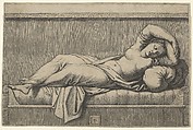 Cleopatra lying partly naked on a bed, Marcantonio Raimondi  Italian, Engraving