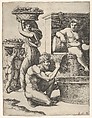 The Vintage; a man pouring grapes from a basket into a vat, above Bacchus sitting, other figures at left, Marcantonio Raimondi Italian, Engraving