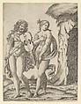 Orpheus standing at left playing the violin, Eurydice at right covering herself
, Marcantonio Raimondi  Italian, Engraving