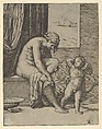 Venus drying her foot with a piece of drapery, Cupid in front of her, holding a bow in his left hand, Marcantonio Raimondi  Italian, Engraving