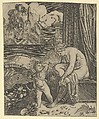 Venus naked sitting at right drying her foot with a piece of drapery, Cupid, in front of her, holding a bow in his right hand, Anonymous, Engraving