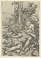 Medor and Angelica from Lodovico Ariosto's "Orlando Furioso", or Venus and Adonis embracing, set within a landscape, Marcantonio Raimondi Italian, Engraving