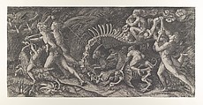 Lo Stregozzo: a female witch riding on an animal skeleton, preceded by two men and a boy on a goat blowing on a horn, another naked man behind carrying two bones
, Agostino Veneziano (Agostino dei Musi) Italian, Engraving, first state before the engraver's initials on the horn