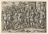 The triumph of a Roman Emperor; a young naked hero stands at center on a pile of armor; a woman at right holds aloft a laurel wreath, Marcantonio Raimondi Italian, Engraving