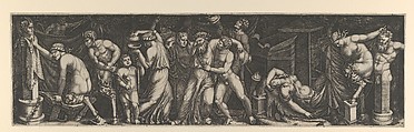 A Bacchanal, Silenus supported by two bacchants in the centre, at right a female satyr reclining on a bed and another pulling the horns on a statue of Priapus, various other figures fill the composition, Marcantonio Raimondi Italian, Engraving