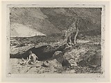 The Anchorite: a partially naked man seated at left in a landscape with what appears to be a long sheet unfolded over his knees, Mariano Fortuny, 1838–1874  Spanish, Etching and aquatint on Japan paper