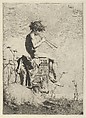 Idyll: a naked youth seated outdoors on a plinth playing a double flute, a goat on the ground before him, Mariano Fortuny, 1838–1874  Spanish, Etching