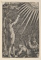 An old man reclining on the ground at right; at left a naked younger man standing pointing toward the sun with and leaning on an anchor, Marcantonio Raimondi  Italian, Engraving