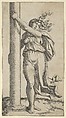 A young woman personifying Force or Strength holding a column, Marcantonio Raimondi  Italian, Engraving