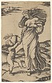 An allegory of Peace; Peace personified as a woman standing in a landscape holding the left hand of a winged genius, Marcantonio Raimondi  Italian, Engraving