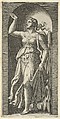 Faith personified by a woman standing in a niche, pointing to rays in the upper left, from "The Virtues", Marcantonio Raimondi  Italian, Engraving