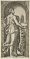 Hope personified as a woman standing in a niche facing right, holding a container of unleavened bread in both hands, from "The Virtues", Marcantonio Raimondi  Italian, Engraving