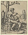 A faun sitting on a rock holding a flute in his left hand; a child stands between his knees, Marcantonio Raimondi  Italian, Engraving
