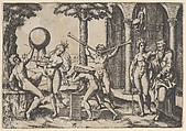 A man with two trumpets in the centre flanked by other figures including an old and a young man at right, Marcantonio Raimondi  Italian, Engraving