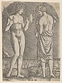 A naked man at left showing an axe to a woman at right, Marcantonio Raimondi  Italian, Engraving