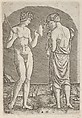 A naked man at left showing an axe to a woman at right, Marcantonio Raimondi  Italian, Engraving