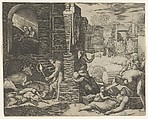 A plague scene at right, a man at left holding a torch illuminating part of the scene at left, sick people at the right, Marcantonio Raimondi  Italian, Engraving (heavily reworked)