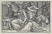 Lucretia instructing her daughters in needlework from Giovanni Ostaus's, La vera perfettione del disegno di varie sorte di recami (Venice, 1557), Giuseppe Salviati (Giuseppe Porta, called Il Salviati)  Italian, Woodcut