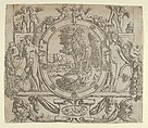 Oval landscape in an ornate frame, Anonymous, French, School of Fontainebleau, 16th century French, Etching