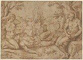 Adam and Eve Mourning the Death of Abel, Michiel Coxie (I)  Netherlandish, Pen and brown ink, brush and brown wash, heightened with white gouache, over black chalk; framing lines in pen and brown ink, by the artist; incised for transfer; verso covered with red chalk for transfer