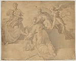 Madonna and Child with the Infant Saint John the Baptist, Three Women, and an Angel, Adriaan de Weerdt Netherlandish, Pen and brown ink, brush and gray wash; framing lines in pen and brown ink, by the artist