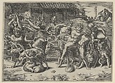 The procession of Silenus who is carried on an ass preceeded by a bacchant playing the cymbals and other figures, Agostino Veneziano (Agostino dei Musi) Italian, Engraving