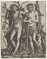 Apollo standing at the left, his hand resting on the shoulder of Hyacinthus, Cupid in the lower right, Marcantonio Raimondi  Italian, Engraving