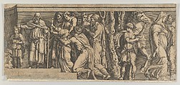 Statue of Niobe and her Worshippers, with Apollo and Diana and other Figures, after Polidoro da Caravaggio, Anonymous, School of Fontainebleau, Etching