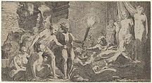 Hercules surprising Fanus who mistook him for Omphale, Léon Davent  French, Engraving