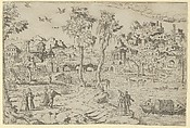 Landscape with ruins, courtiers, and a gondola, Léon Davent  French, Etching
