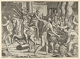 Brennus throwing his sword on the scales before Camillus, Léon Davent French, Etching